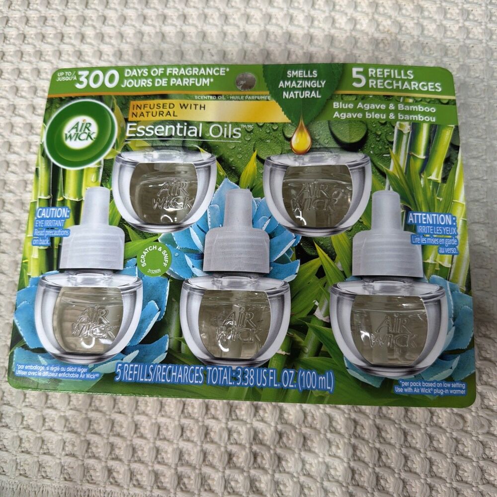 Air Wick Plug Ins Refills Essential Oils Blue Agave & Bamboo 5 Pack 3.38floz